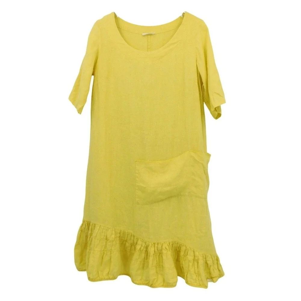Luukaa Yellow Linen Shift Dress Asymmetrical Ruffle Hem Pocket Womens Size S